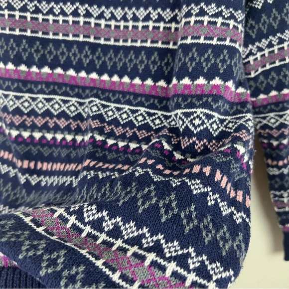 Mossimo Fair Isle Crew Neck Sweater 100% Cotton Navy Blue Pink Ski Cabin Medium - Picture 4 of 10